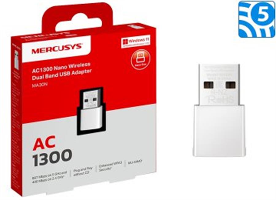 PLACA DE RED WIFI USB MERCUSYS ARCHER MA30N NANO AC1300 DUAL BAND