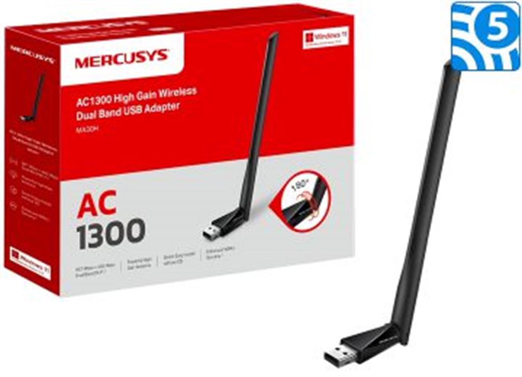 PLACA DE RED WIFI USB MERCUSYS MA30H AC1300 400MPBS 2.4GHZ 867MBPS 5GHZ DUAL BAND 5DBI ALTA POTENCIA