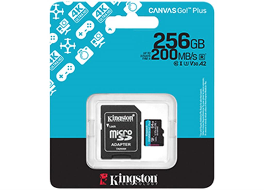 MICROSD 256GB CLASE 10 KINGSTON CANVAS GO PLUS U3 V30 A2 4K 200MB CON ADAPTADOR A SD