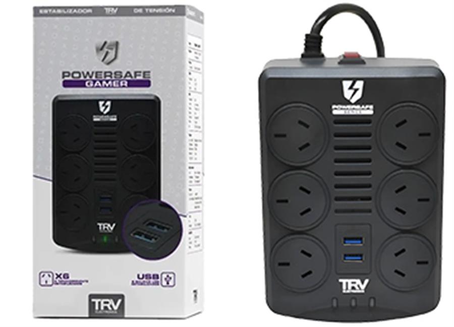 ESTABILIZADOR TRV POWERSAFE USB 6 TOMAS 2XUSB2.4.A 2000V HASTA 1000W APTO MAQUINA GAMER