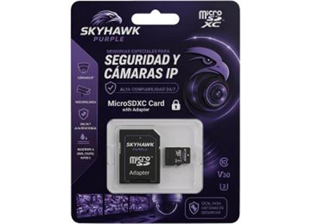 MICROSD 64GB CLASE 10 SKYHAWK PURPLE ENDURANCE U3 V30 LECTURA 80MB ESCRITURA 30MB SOPORTA 4K CON ADAPTADOR A SD ESPECIAL PARA SEGURIDAD CAMARAS IP